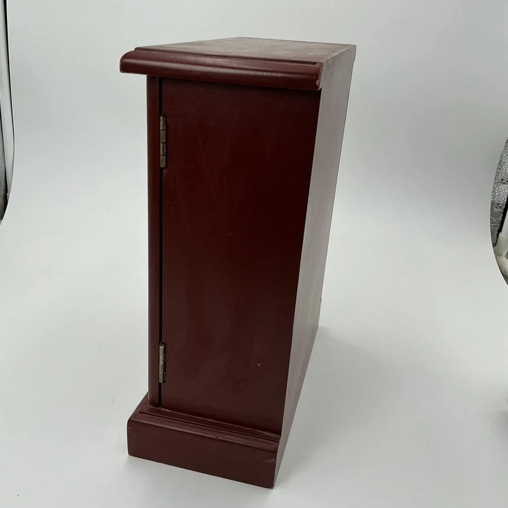 Vintage Wood Jewelry Armoire Burgundy Red 3 Drawer Floral Etched Glass Mirror